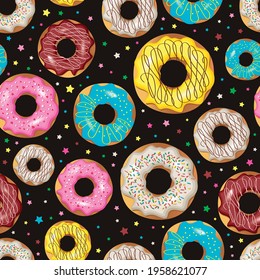 Sweet donut pattern. Multicolored donuts on a dark brown background. With colored confectionery sprinkles in the form of stars. The pattern is suitable for decorating a living room, printing on fabric