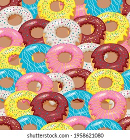 Sweet donut pattern. Multicolored donuts on a light brown background. With colored sugar. The pattern is suitable for decorating a pastry shop or for a coffee shop website