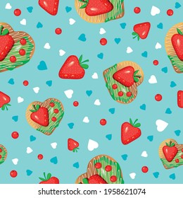 Sweet donut pattern red strawberries. Cakes and berries on a blue background. Dessert with green cream in the shape of heart. Pattern suitable for decorating a pastry shop or for coffee shop website