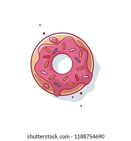 Sweet donut, donut with pink glaze isolated on white background. Vector illustration in a cartoon style. Logo for cafes, restaurants, coffee shops, catering.