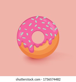 Sweet donut with pink glaze isolated on a light orange background. Cute, colorful and glossy donut with pink glaze and white sprinkles. Simple modern design. Realistic vector illustration.
