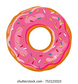 Sweet donut. Donut with pink glaze isolated on white background. Vector illustration.