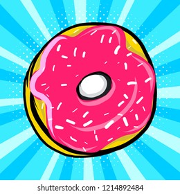 Sweet donut in pop art style. Vector illustration, clipart.