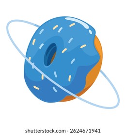 Doce donut girando como um planeta com anéis, divertido e ilustração colorida