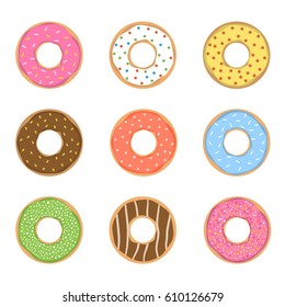 Sweet donut set. Glazed colored donuts with icing sprinkles