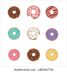 sweet donut set silhouette white cute chocolate glaze yummy decorate sprinkle sugar.deliciouse bakery dessert food celebrate party.snack lover isolate vector pastel