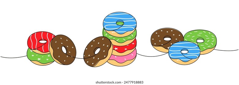 Sweet donut set. Take away donuts one line colored continuous drawing. Bakery sweet pastry food. Vector linear illustration.