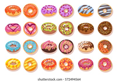 Sweet donut set. The traditional culinary products isolated on pastries background. Cartoon style vector illustration