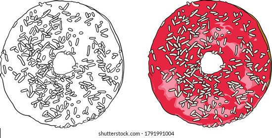 sweet donut sprinkled with lilac glaze color and black and white on a white background