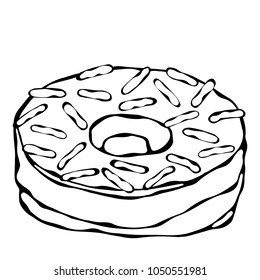 Sweet Donut with Sugar Glaze and Topping. Pastry Shop, Confectionery Design. Round Doughnut with Holes. Best Dessert. Realistic Hand Drawn Illustration. Savoyar Doodle Style.
