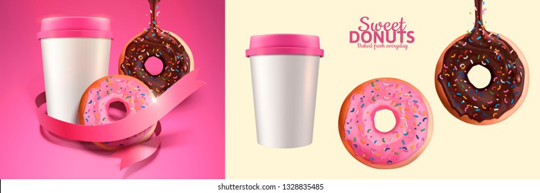 Sweet donut and take out coffee in 3d illustration