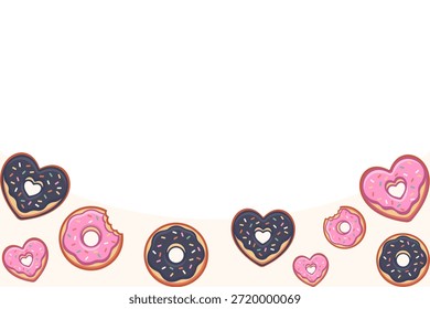 Fondo dulce del día de San Valentín de la dona con el espacio inferior de la copia del borde. Plantilla de amor de Foodie con rosquillas en forma de corazón con marcas de mordida. Diseño plano de Vector para promoción de panadería o Anuncio.