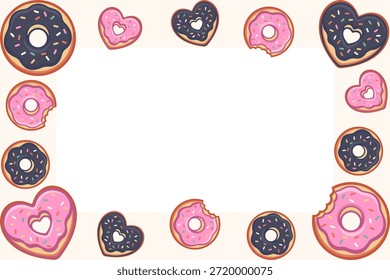 Dulce donut marco de San Valentín con espacio de copia. Fondo de Foodie con rosquillas y chispas en forma de corazón. Borde plano del diseño del Vector para la tarjeta de felicitación de la panadería o la invitación del partido.