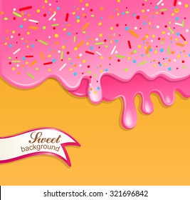  Sweet Donut Vector Illustration with Dripping Pink Glaze and ribbon. Abstract Food Background.