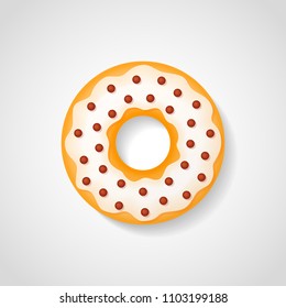 Sweet donut with white glaze and chocolate drops isolated on background. Vector illustration.