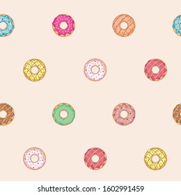 Sweet donuts background - Vector color seamless pattern of desserts and tasty pastry for graphic design