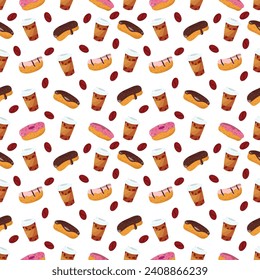 Sweet donuts and coffee seamless pattern isolated on a white background