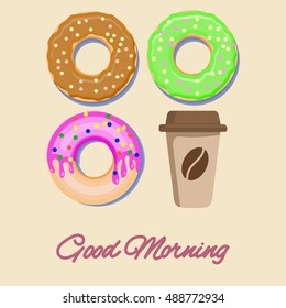 Sweet donuts with coffee vector. Good morning.