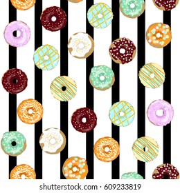 Sweet donuts with colorful glaze. A seamless pattern can be used for textiles, postcards, wallpaper.