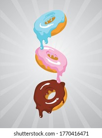 Sweet Donuts with colorful melting cream flavor isolated vector changeable background