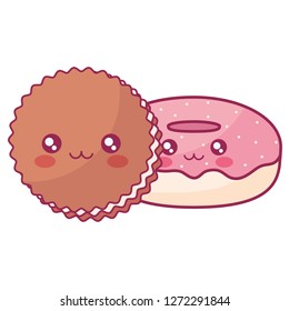 sweet donuts and cookies kawaii characters