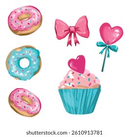 Sweet Donuts, Cupcake, and Heart Lollipop Hand Drawn Cute Dessert Set