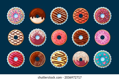 Sweet donuts with decorative glaze set. Colorful pastries with cream sprinkled with pink and chocolate powder festive treat with designer individual tracery decoration of holiday. Vector yummy.