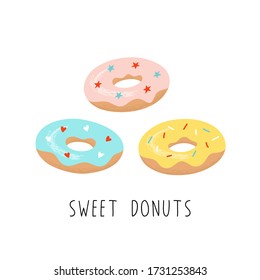 Sweet donuts, dessert, festive food. Vector illustration isolated on a white background.