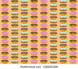 Sweet donuts with different decor on light napkins on warm orange background. View from side, in bakery stores. Seamless vector illustration for menu design, cafe design, packaging boxes and paper.