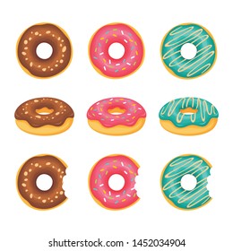 Sweet donuts from different side with different cream topping vector set illustration 