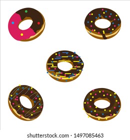 Sweet donuts from different side with different cream topping vector set illustration 