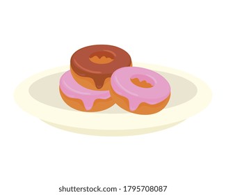 donuts dulces en platillos, sobre el diseño de ilustraciones vectoriales de fondo blanco