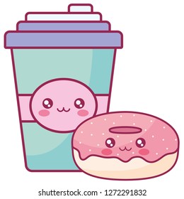 sweet donuts and drink kawaii character