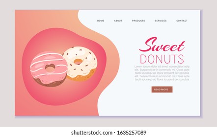 Sweet donuts fast food and pastry website or landing page vector illustration. Donut bakery and sweet treat, confectionery, fastfood order or city fest web page. Cartoon web banner.