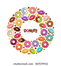 Sweet donuts flat icons set. Colorful set of glazed donuts with caramel and sweets in shape of donut. Vector illustration in modern flat style.