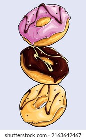 Süße Donuts, die in Bewegung fliegen, Cartoon-Vektorgrafik auf blauem Hintergrund