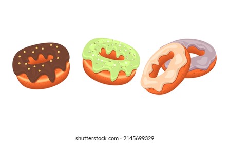 Sweet donuts with fudge.Set of colorful baked desserts with  chocolate, pistachio, lilac and pink glaze.Realistic vector illustration  food icons isolated on white background for design cards,posters.