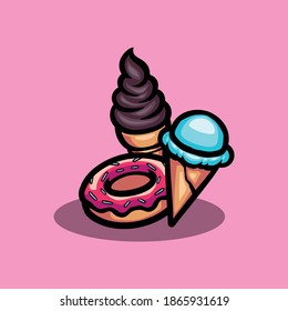 sweet donuts and ice cream cone cartoon vector illustration. Perfect for restaurant and street food stall. Isolated premium vector