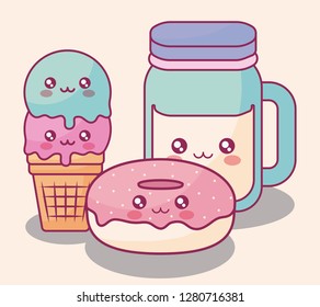 sweet donuts and ice cream kawaii characters