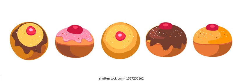 Sweet donuts isolated set for Happy Jewish Holiday Hanukkah festival decoration vector template. Sufganiyot jelly doughnuts flat icons logo label sign element simple cartoon vintage food family kids