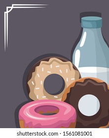 sweet donuts and milk bottle over gray background, colorful design, vector illustration