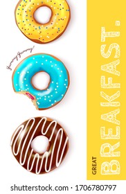 Sweet donuts on a white background. Breakfast concept. Realistic vector illustration.