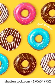 
Süße Donuts auf gelbem Hintergrund.Frühstückskonzept. Realistische Vektorillustration.