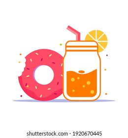 Süße Donuts und Orangensaft-Flachsymbol. Nicht Vektorgrafik. Flat Design Icon bereit für Website, mobile App, Präsentation und andere Projekte.