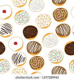Sweet donuts seamless pattern. Great for holiday,celebration decor, web interface design, menu, backgrounds, packaging, fabric,  gift wrap,Surface pattern design.
