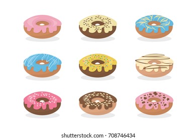 Sweet donuts set. Colorful delicious fresh donuts.