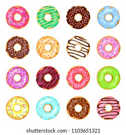 Sweet donuts set. Cute small fried cake of sweetened dough, in the shape of a ball or ring, tasty party bakery. Vector flat style cartoon illustration isolated on white background