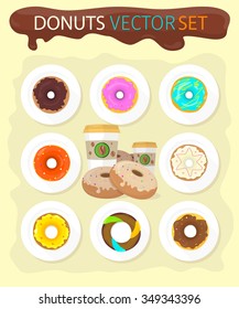 Sweet donuts set design flat food. Doughnut, donuts coffee, donut isolated, coffee and cookies, cake bakery, dessert menu, snack pastry, tasty illustration