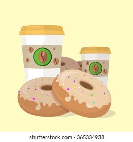 Sweet donuts set design flat food. Doughnut, donuts coffee, donut isolated, coffee and cookies, cake bakery, dessert menu, snack pastry, tasty illustration. Donuts shop. Donut icon. Donuts with coffee
