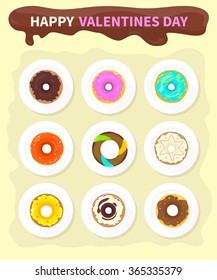 Sweet donuts set design flat food. Valentine day Doughnut, donuts coffee, donut isolated, coffee cookies, cake bakery dessert menu snack pastry, tasty. Donuts shop. Donut icon. Donuts glaze Valentine